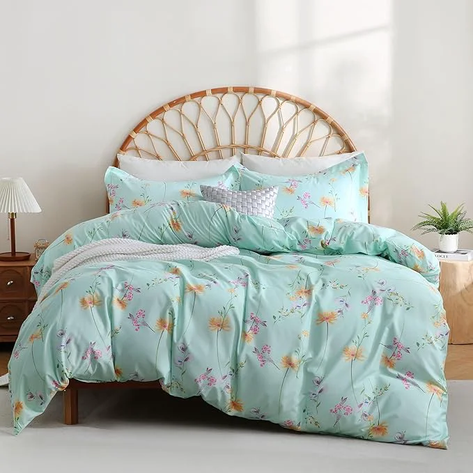 Durable JSD Green Floral Duvet Cover Set King Size 3 Piece Botanical Printed Powerful