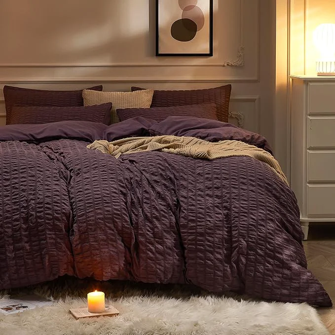 Authentic JELLYMONI Purple Duvet Cover Twin Size Soft Breathable Seersucker Duvet Cover Easy-to-Use