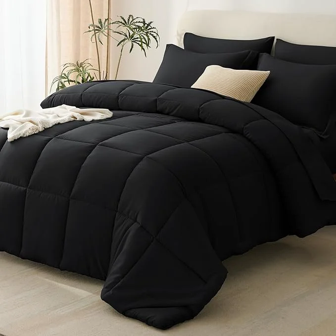 Environmentally Friendly CozyLux Oversized King Comforter Sets Black 7 Pieces Bed in a Bag 120x98 Box Exclusive