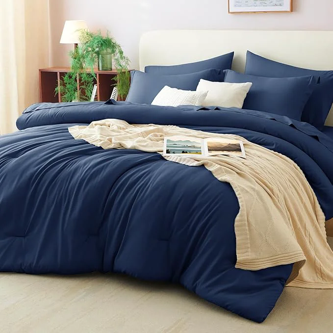 Next-Generation CozyLux King Size Comforter Set Navy Blue 7 Pieces Bed in a Bag King Comforter Eco-Friendly