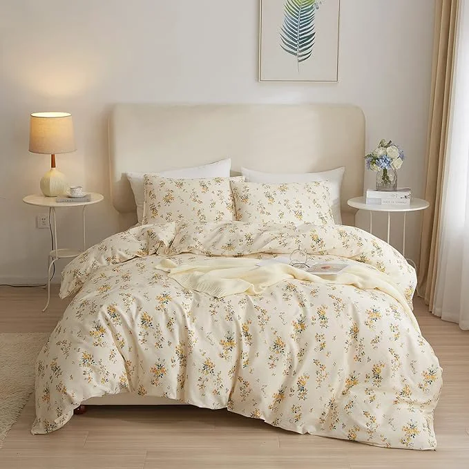 Safe mixinni Aesthetic Floral Duvet Cover Set Twin Size Farmhouse Boho Yellow Durable