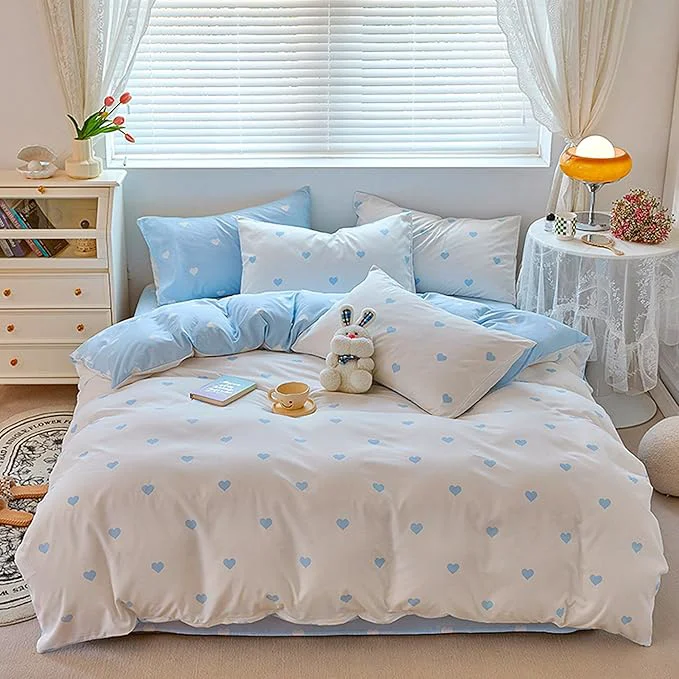 Next-Generation BOLINLIVING Cute Duvet Cover Queen Size Reversible Light Blue White Heart Optimized