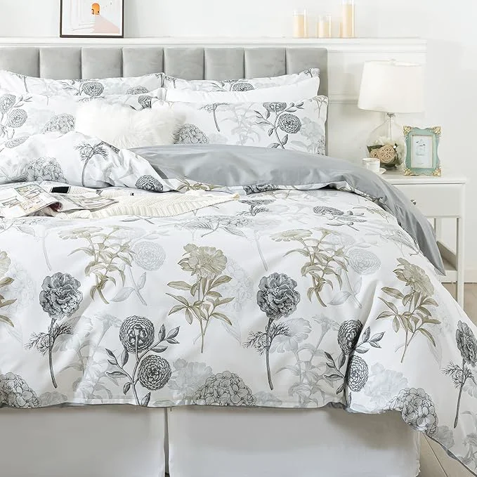 Reusable FADFAY Floral Duvet Cover Sets King Cal King Cotton Ink Grey Vintage Smart