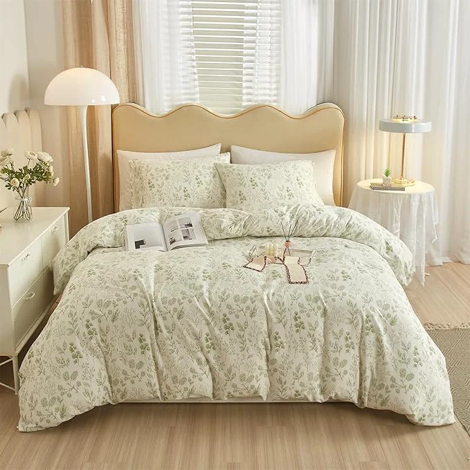 Exclusive mixinni 3pcs Girls Boho Green Floral Duvet Cover Set King Size Cotton Soft Excellent