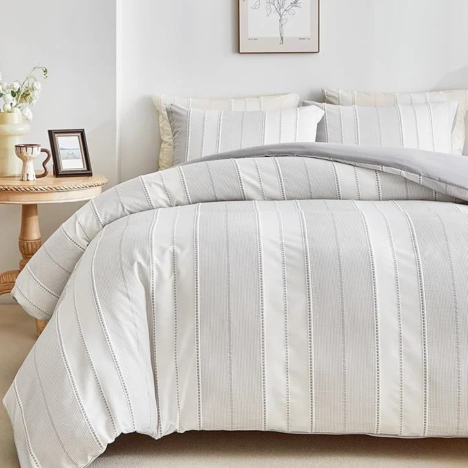 Elegant WARMDERN Light Grey Striped Weave Duvet Cover King Size Microfiber Textured Exceptional