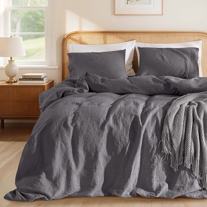 Relaxed LBRO2M France Linen Duvet Cover Set King Size 3 Pcs Natural Flax Comforter High-Grade