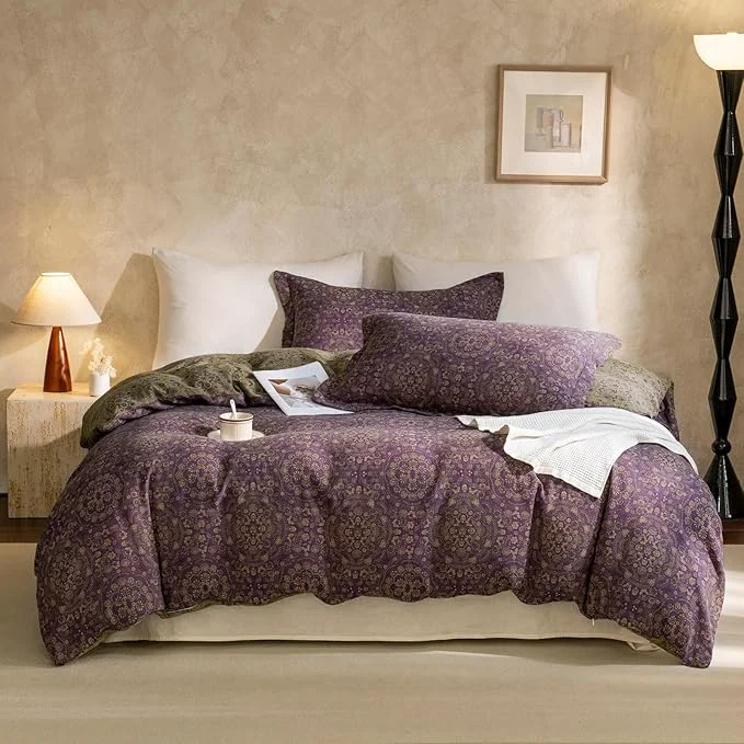 Outstanding mixinni Purple Green Floral Duvet Cover King Size Elegant Double-Layer Yarn Fine Crafted