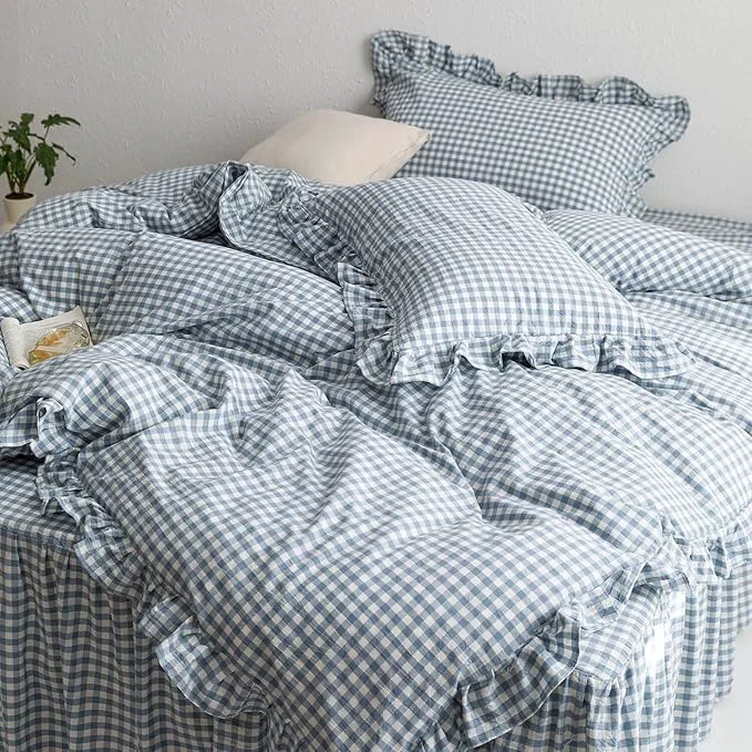 Excellent MKXI Blue and White Gingham Duvet Cover King Size 3-Piece Bedding Set Original Design
