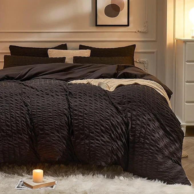 Carefully Designed JELLYMONI Black Duvet Cover Full Size Soft Breathable Seersucker Duvet Cover Natural