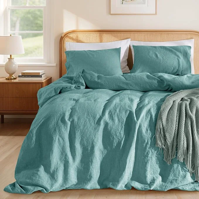 Comfortable LBRO2M France Linen Duvet Cover Set Full Size 3 Pcs Natural Flax Comforter Smooth
