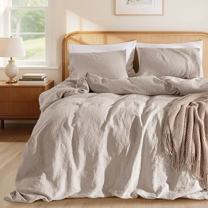 Green LBRO2M France Linen Duvet Cover Set Queen Size 3 Pcs Natural Flax Outstanding