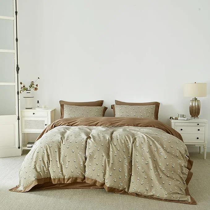 World-Class SUSYBAO Decorative Floral Duvet Cover King Cotton 3 Pcs Set 1 Khaki White Specialty