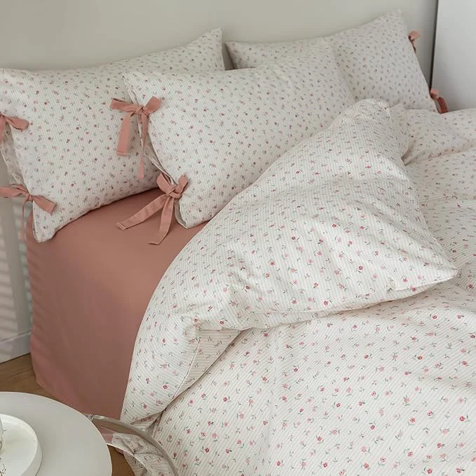 Healthy mixinni White Flower Pattern Duvet Cover King Pink Floral Stripes Duvet Cover High-End