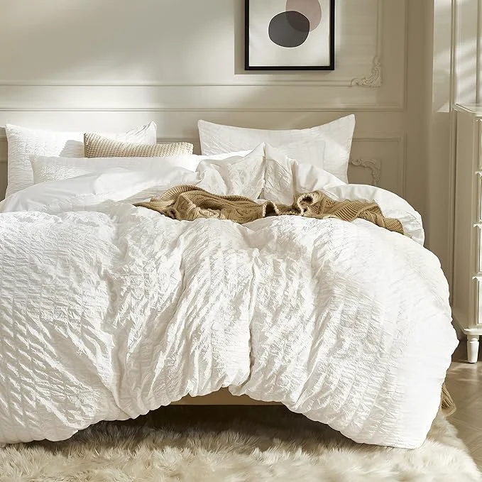 Excellent JELLYMONI White Duvet Cover Oversized Queen Size Soft Breathable Seersucker Durable