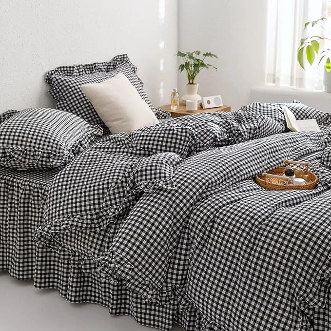 Smooth MKXI Black and White Gingham Duvet Cover Queen 3-Piece Ruffled Bedding Set Quality