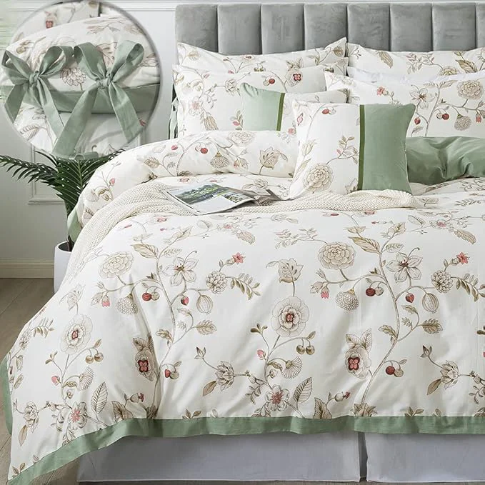 Crafted FADFAY Floral Bedding Set King Cal King Cotton Shabby and Chic Beige Green Long-Lasting