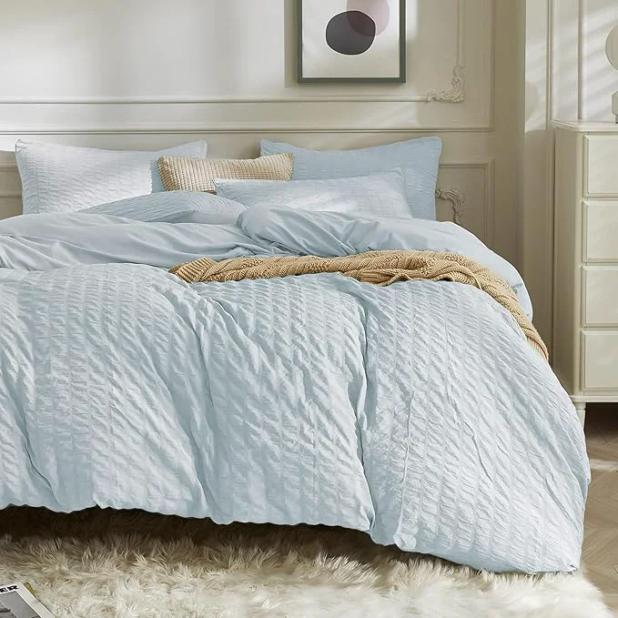 Long-Lasting JELLYMONI Baby Blue Duvet Cover Twin Size Soft Breathable Seersucker Duvet Easy-to-Use