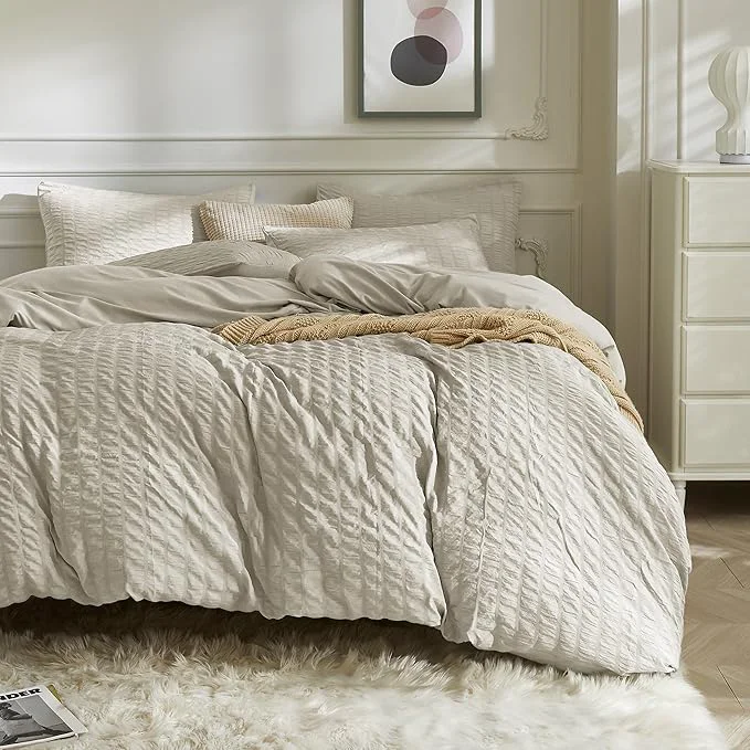 Genuine JELLYMONI Beige Duvet Cover King Size Soft Breathable Seersucker Duvet Cover Lightweight