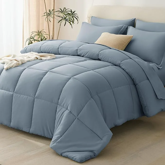 Flexible CozyLux Queen Comforter Set Grayish Blue 7 Pieces Bed in a Bag Queen All Luxury