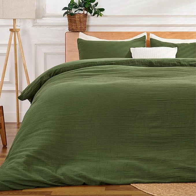 Durable Green Duvet Cover Queen Size Sandwashed Cotton Soft Queen Duvet Cover Set Traditional
