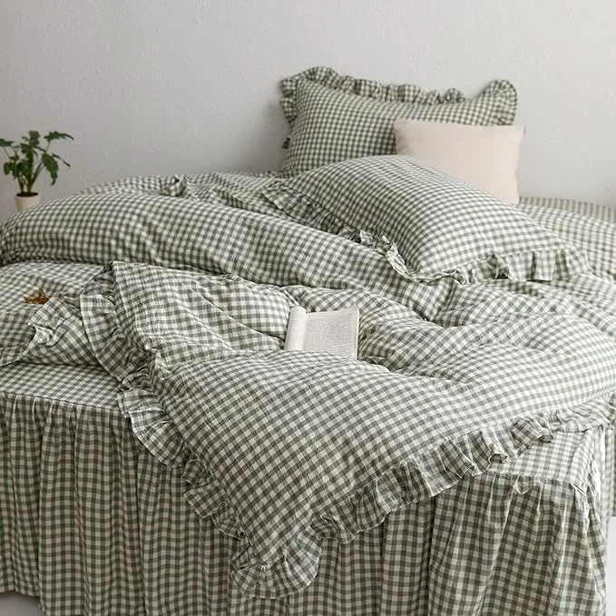 Original MKXI Sage Green Gingham Duvet Cover Twin 3-Piece Ruffled Bedding Set High-End