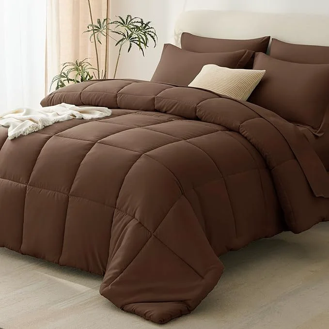 Modern CozyLux Oversized Queen Comforter Sets Brown 7 Pieces Bed in a Bag 98x98 Box Artisan