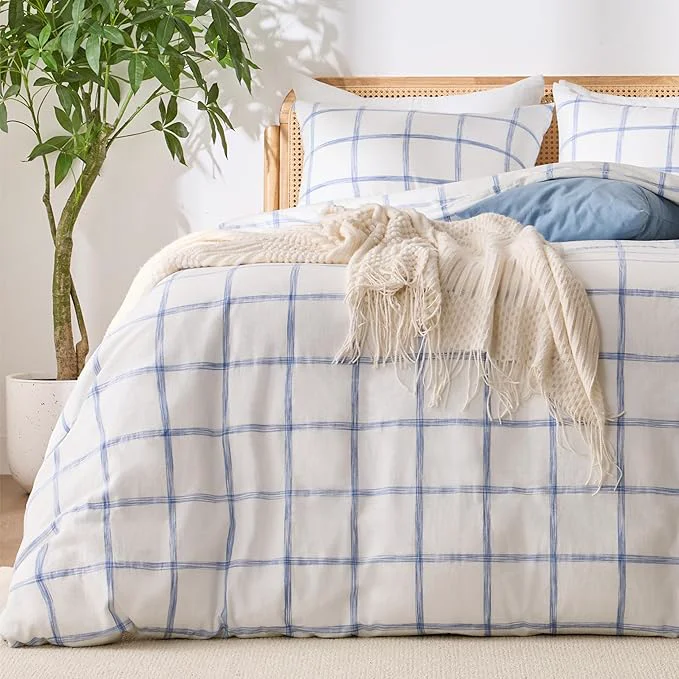 Professional Blue Plaid Twin Duvet Cover Soft Washed Cotton Twin Size Duvet Cover Set Recyclable