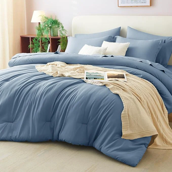 Smart CozyLux Full Size Comforter Sets Grayish Blue 7 Pieces Bed in a Bag Full Powerful