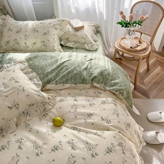 Specialty MKXI Botanical Floral Duvet Cover Queen Beige Girls Ruffled Bedding Set Relaxed