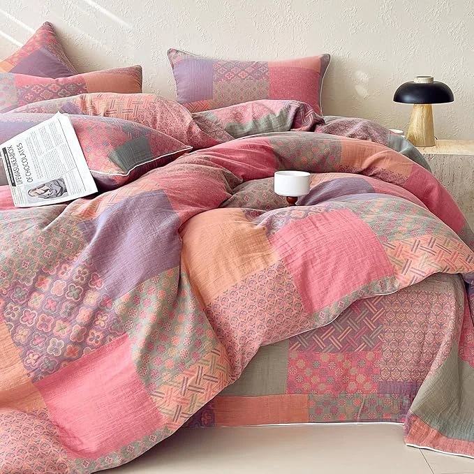 Easy-to-Use mixinni Cotton Double Layer Yarn Duvet Cover Set Vintage Patchwork Floral High-Performance