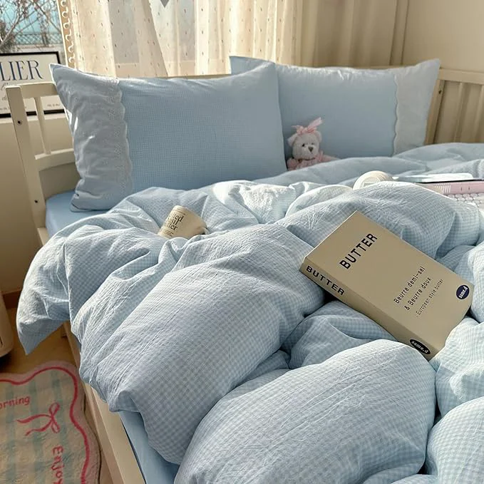 Modern mixinni Blue Gingham Duvet Cover Full Size Premium