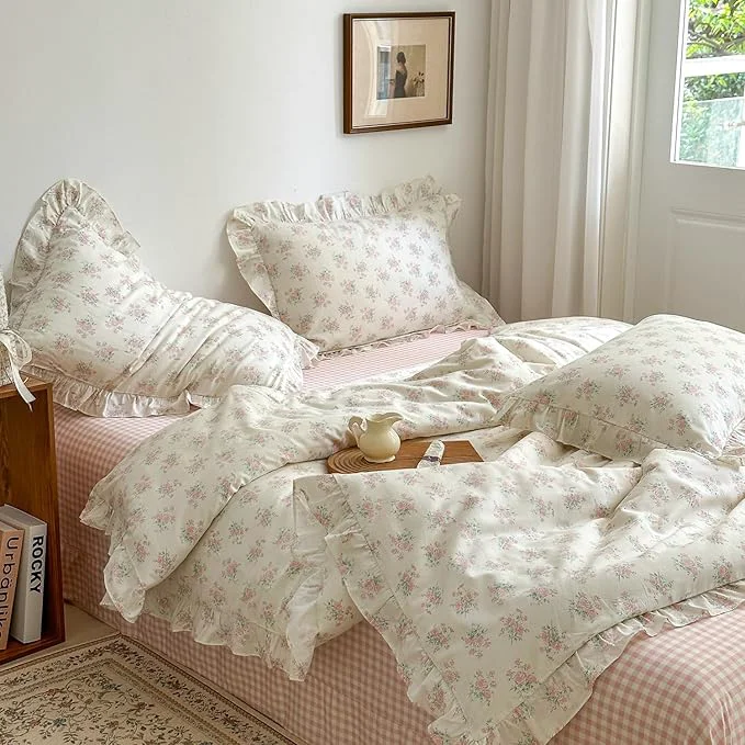Traditional MKXI Floral Duvet Cover Set for Girls Cotton Ruffled Bedding Reusable