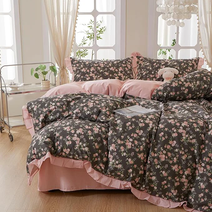 Casual mixinni Vintage Floral Duvet Cover Set Twin XL Size – Cotton Ruffle Lace Environmentally Friendly