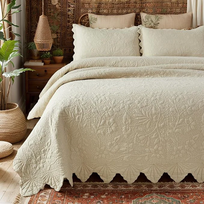 Authentic Brandream Queen Size Quilt Set Cotton Beige Quilts Luxury Farmhouse Bedding Set Lightweight