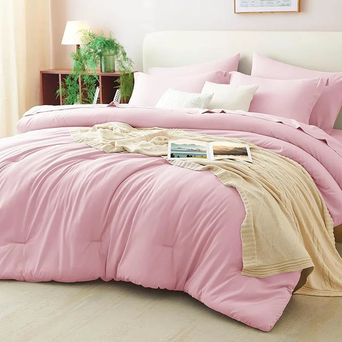 Official CozyLux Queen Comforter Set Pink 7 Pieces Bed in a Bag Queen Comforter Set Comfortable