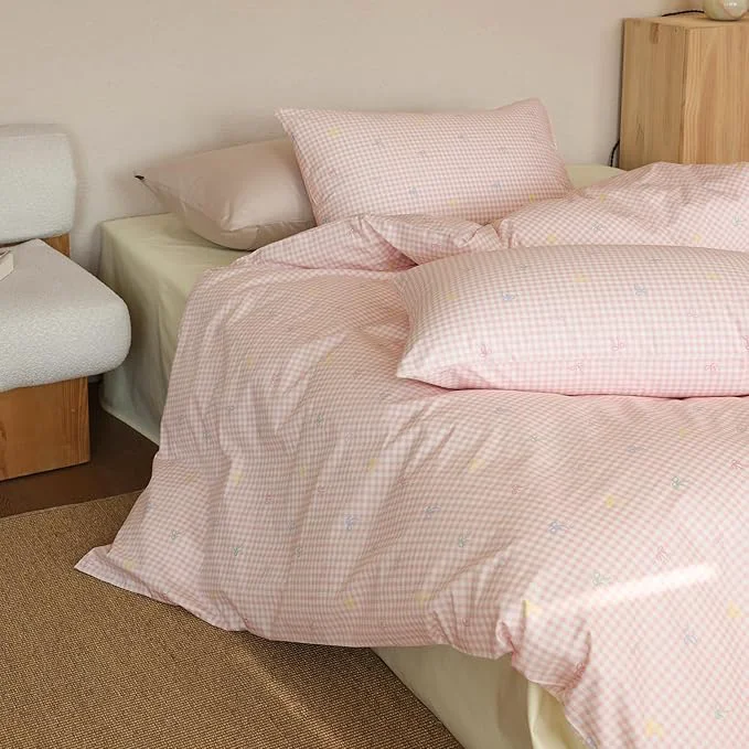 Carefully Designed mixinni Gingham Duvet Cover King Size Cotton Light Pink and White Gingham Sustainable
