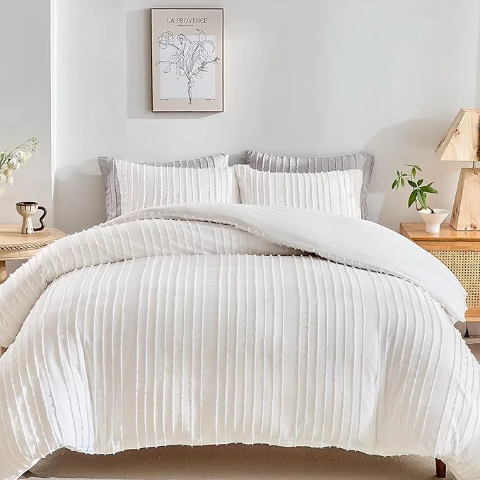 Original WARMDERN White Boho Duvet Cover Set King Size Striped Textured Duvet Cover Official