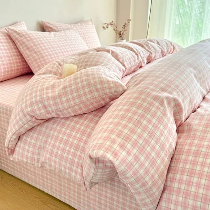 Practical PinkMemory Pink Plaid Duvet Cover Set King Washed Cotton Cute Pink Checked Stylish