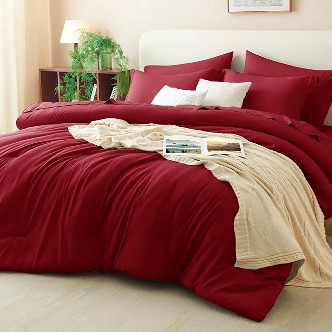 Genuine CozyLux King Size Comforter Set Dark Red 7 Pieces Bed in a Bag King Comforter Convenient