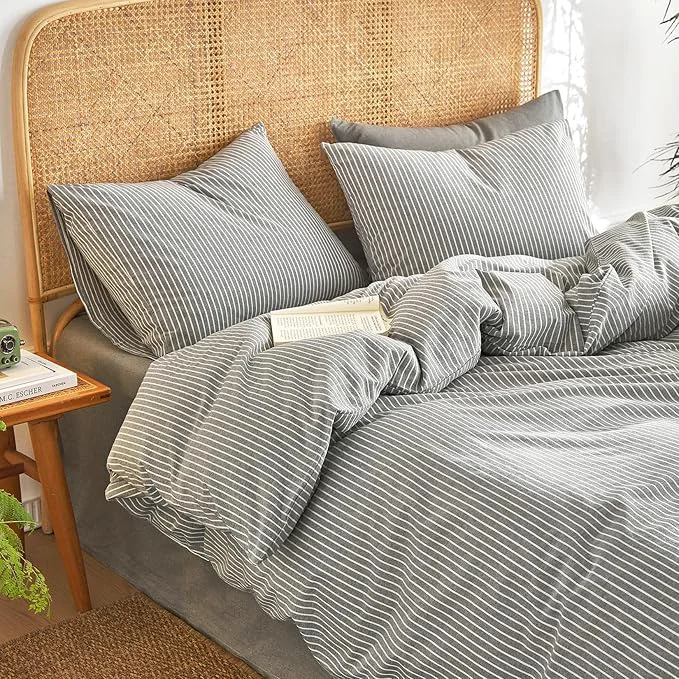 Responsible Wake In Cloud - Striped Cotton Duvet Cover Set Washed Cotton Textured Safe
