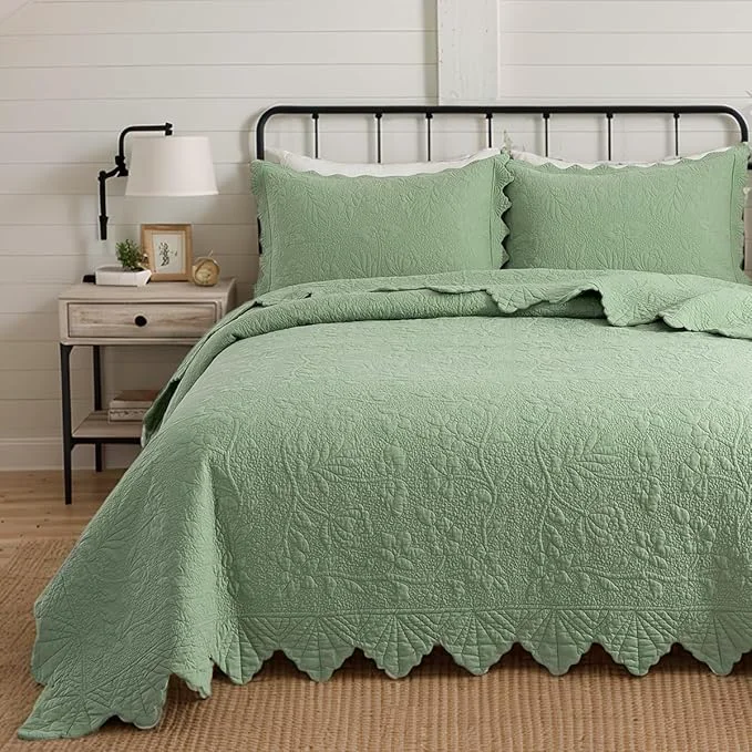 Dependable Brandream Luxury King Quilt Set Cotton Sage Green Floral Vine Stitching Official