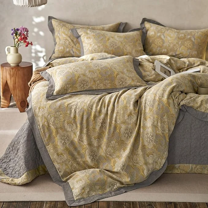 Comfortable mixinni Duvet Cover Queen Premium Cotton Double-Layer Yarn Golden Floral Reliable