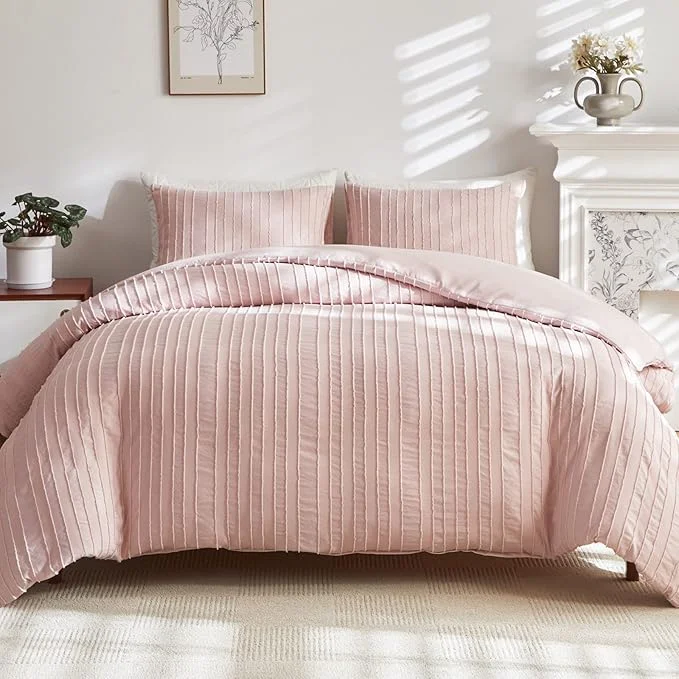 Outstanding WARMDERN Pink Boho Duvet Cover King Size Striped Textured Duvet Cover Set High-Grade
