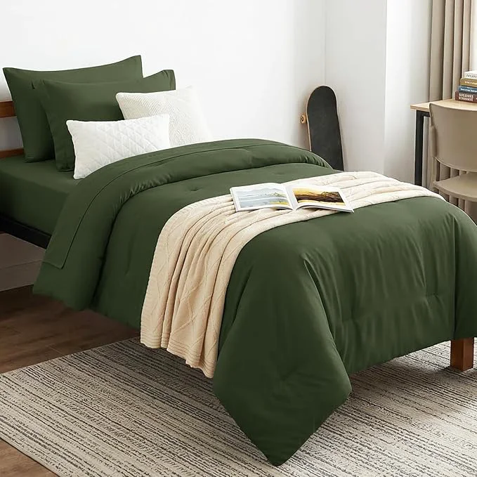 Smart CozyLux Twin Comforter Set Olive Green 5 Pieces Bed in a Bag Twin Comforter Set Premium