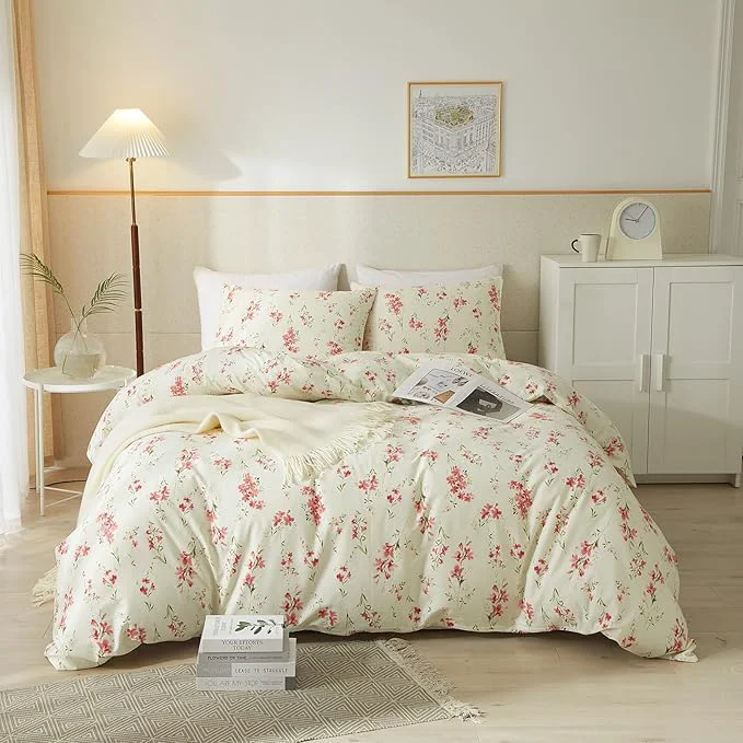 Recyclable mixinni Boho Red Floral Girl Duvet Cover Set Soft Cotton King Size 3-Piece Enhanced