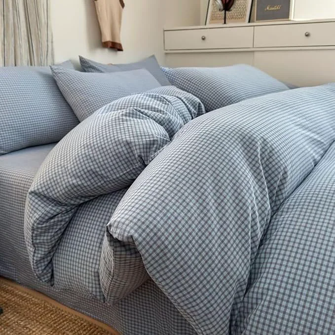 First-Class PinkMemory Blue Gingham Duvet Cover Set Queen Washed Cotton Plaid Proven
