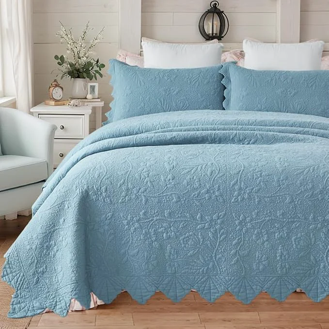 Practical Brandream Luxury Cotton Quilt Set King Size Blue Floral Vine Matelasse Smooth