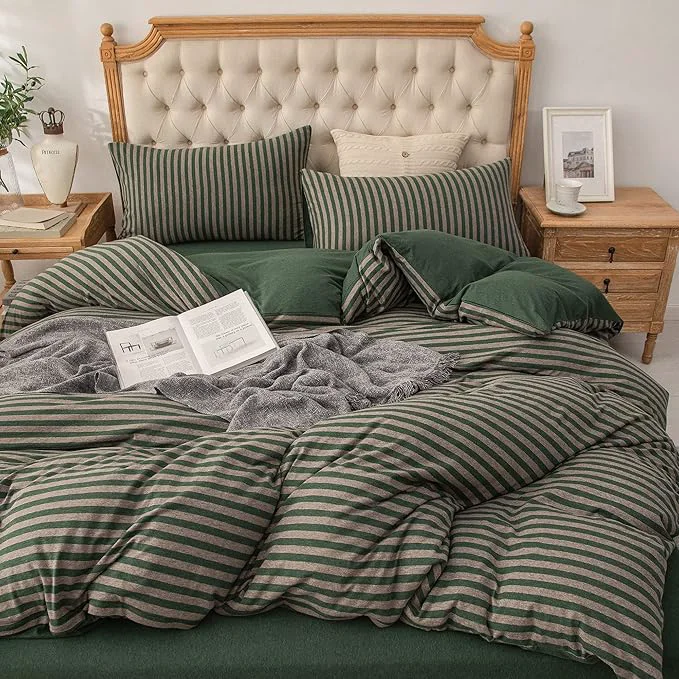 First-Class PURE ERA Forest Green Stripe Jersey Duvet Cover Set King Size T-Shirt Minimalist