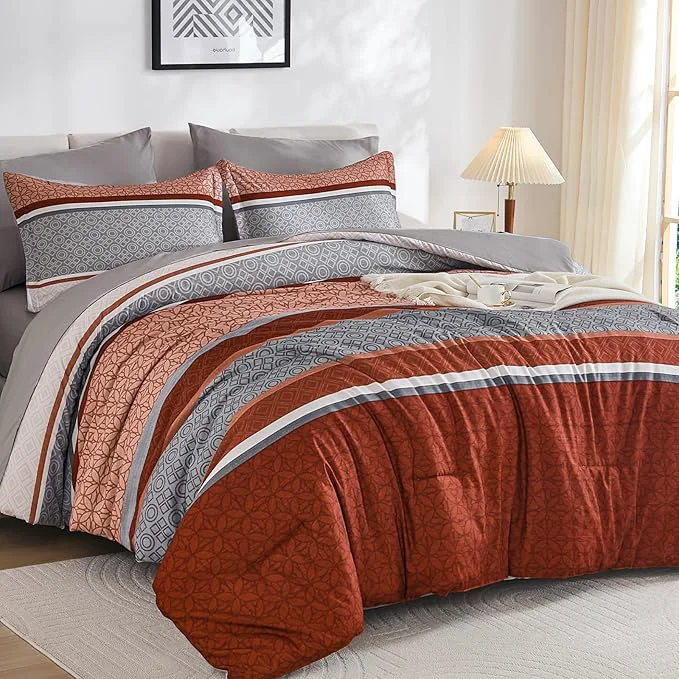 Long-Lasting WONGS BEDDING 7 Pieces Comforter Set Queen Size Burnt Orange Striped Bed in a Genuine