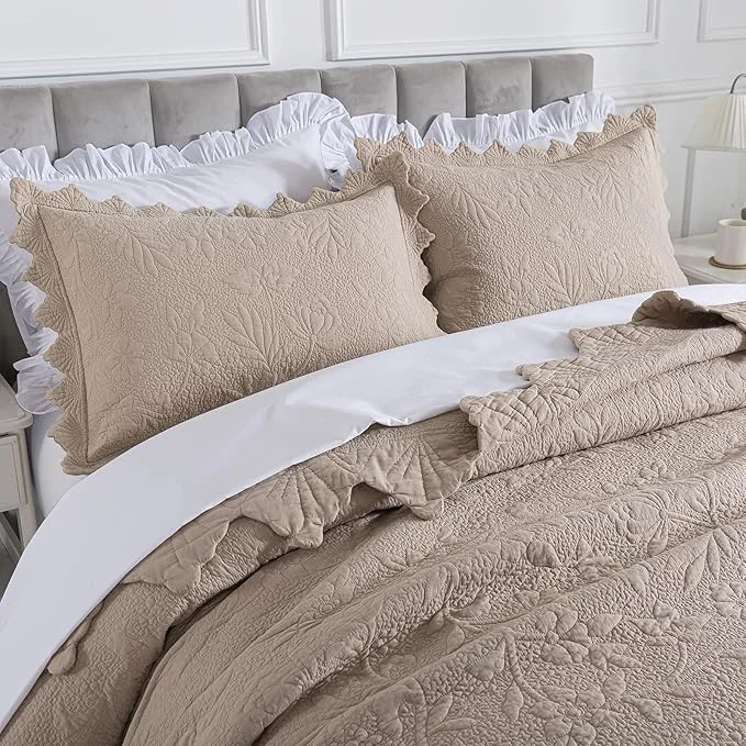 Exceptional Brandream Khaki Cotton Quilt Set King Size Vintage Cottage Floral Vine Bedding Next-Generation